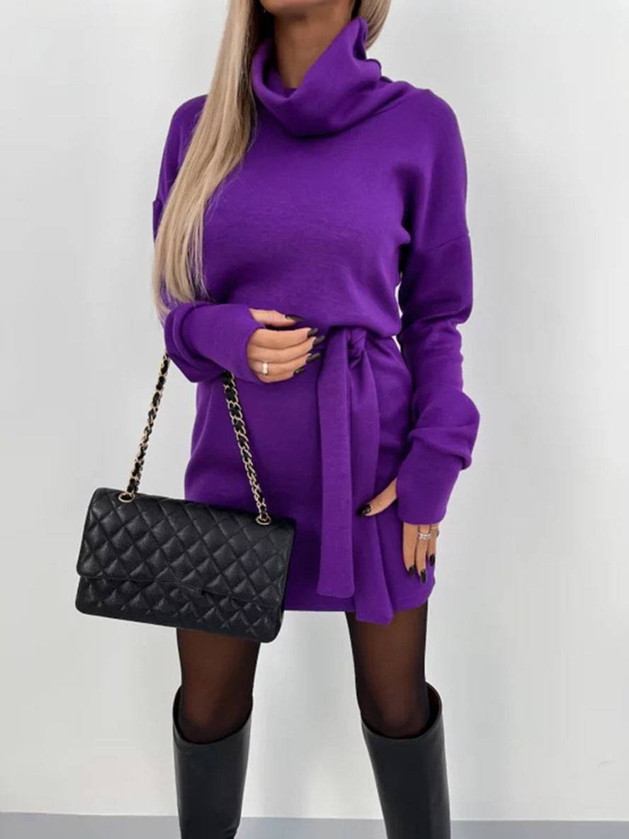 Levoire | Robe Courte Ajustée Col Roulé À Manches Longues Pour Femmes Élégante Décontractée Cocktail Pull Robe
