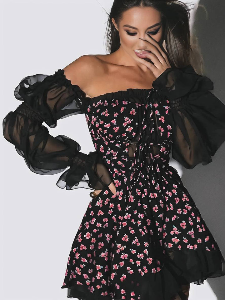 Levoire | Robe Trapèze Courte Tulle Bustier Dos Nu Manches Bouffantes Élégante Femme Bal De Fin D'Année Cocktail