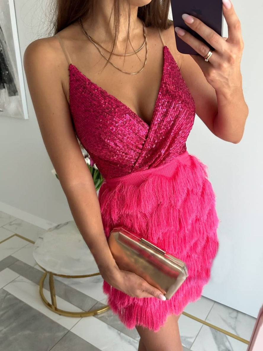 Levoire | Robe Courte Ajustée Décolleté En V Brillant Sequins Franges Sans Manches Mode Cocktail Femme Framboise