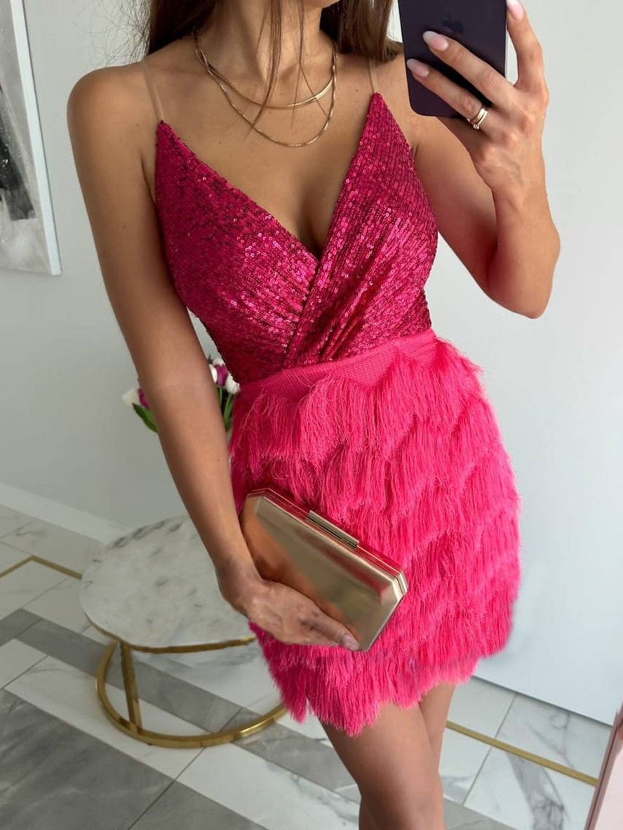 Levoire | Robe Courte Ajustée Décolleté En V Brillant Sequins Franges Sans Manches Mode Cocktail Femme