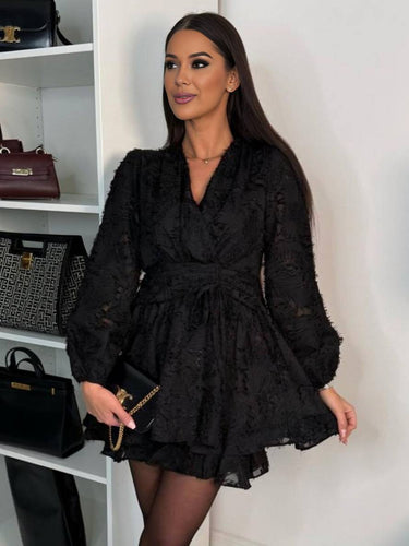 Levoire | Robe Courte En Chiffon À Décolleté En V Avec Détail Volants Noeud Manches Longues Élégante Décontractée Cocktail