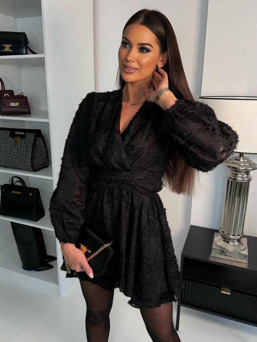 Levoire | Robe Courte En Chiffon À Décolleté En V Avec Détail Volants Noeud Manches Longues Élégante Décontractée Cocktail