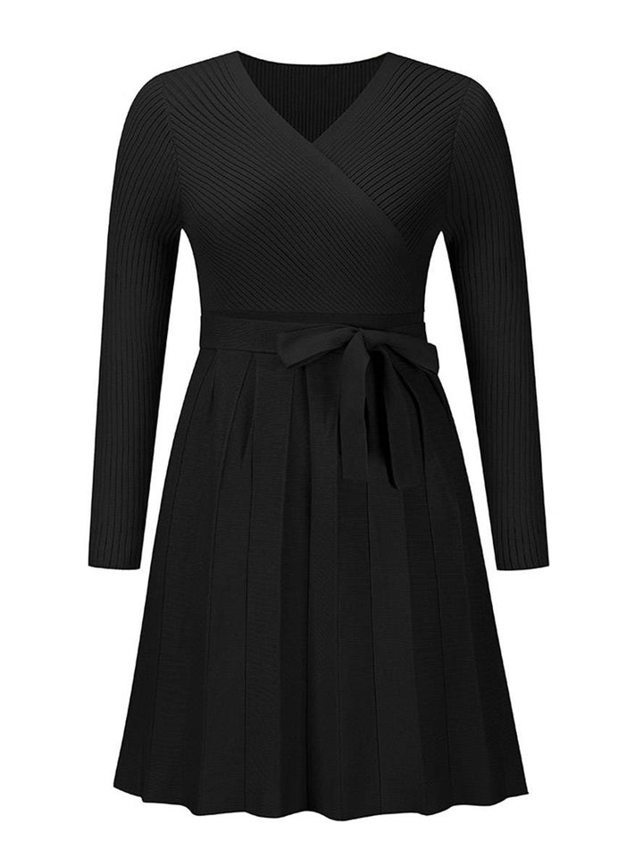 Levoire | Pull Dress Court Ajusté Trapèze Plissé Décolleté En V Ceinture Manches Longues Femmes Élégant Décontracté Cocktail