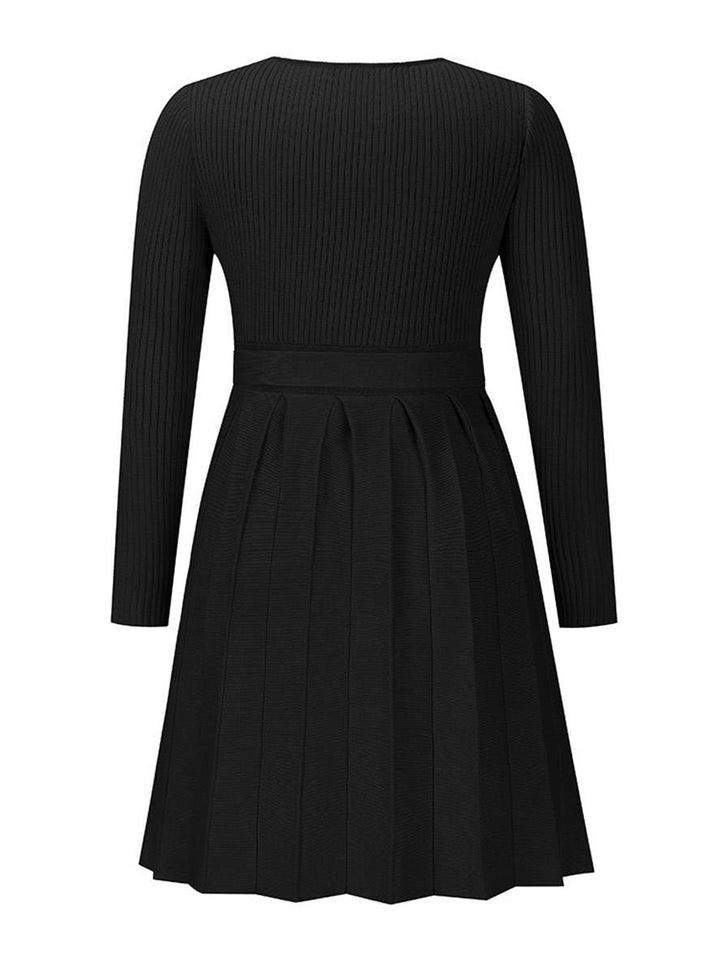 Levoire | Pull Dress Court Ajusté Trapèze Plissé Décolleté En V Ceinture Manches Longues Femmes Élégant Décontracté Cocktail