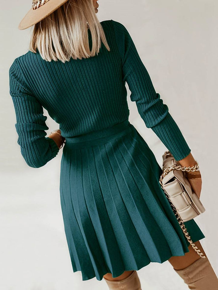 Levoire | Pull Dress Court Ajusté Trapèze Plissé Décolleté En V Ceinture Manches Longues Femmes Élégant Décontracté Cocktail