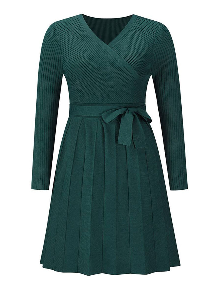 Levoire | Pull Dress Court Ajusté Trapèze Plissé Décolleté En V Ceinture Manches Longues Femmes Élégant Décontracté Cocktail