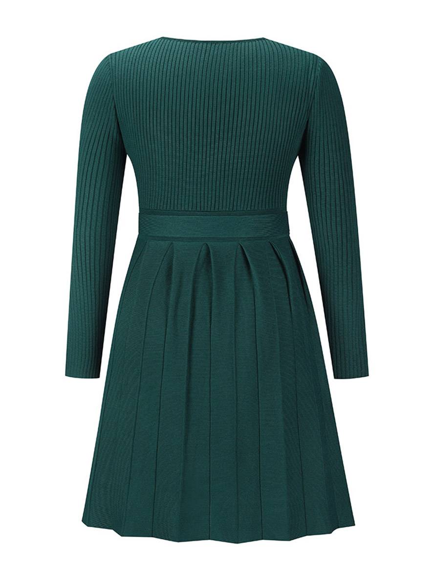 Levoire | Pull Dress Court Ajusté Trapèze Plissé Décolleté En V Ceinture Manches Longues Femmes Élégant Décontracté Cocktail
