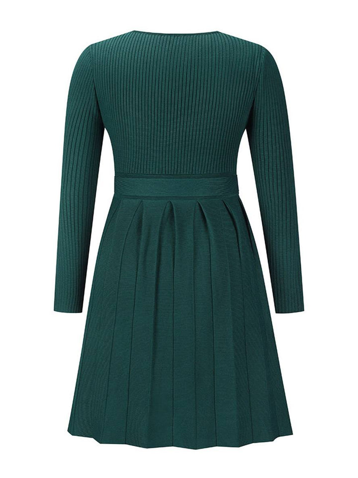 Levoire | Pull Dress Court Ajusté Trapèze Plissé Décolleté En V Ceinture Manches Longues Femmes Élégant Décontracté Cocktail