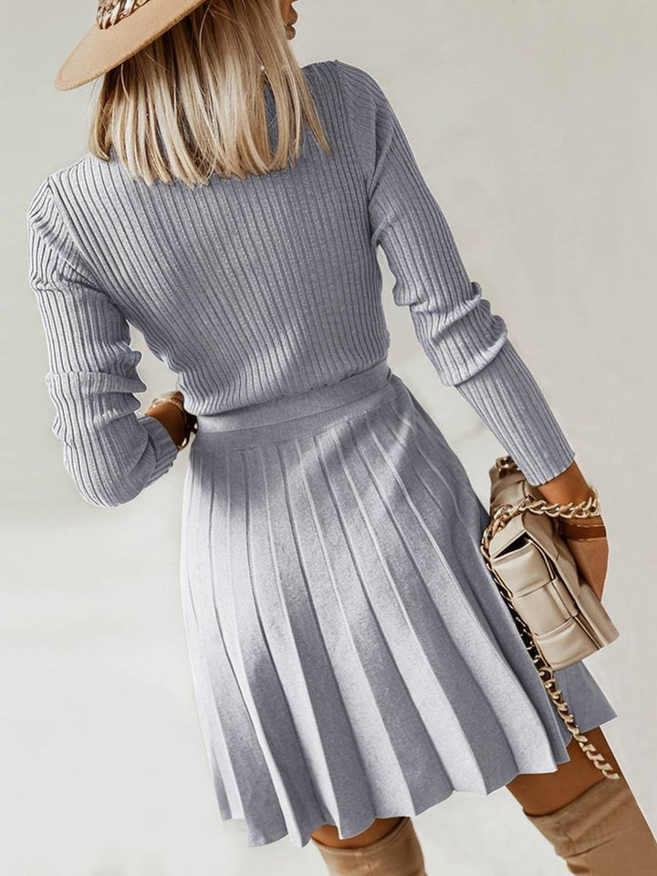 Levoire | Pull Dress Court Ajusté Trapèze Plissé Décolleté En V Ceinture Manches Longues Femmes Élégant Décontracté Cocktail