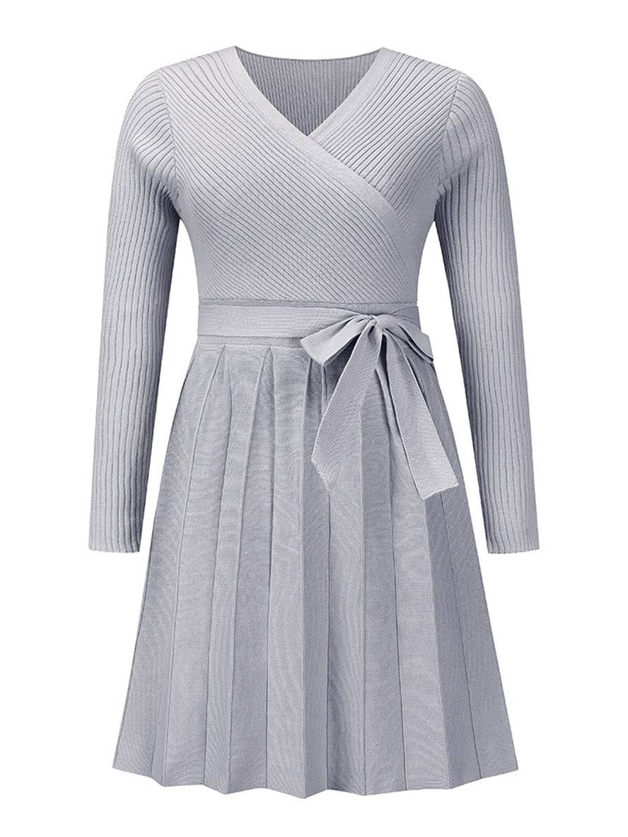 Levoire | Pull Dress Court Ajusté Trapèze Plissé Décolleté En V Ceinture Manches Longues Femmes Élégant Décontracté Cocktail