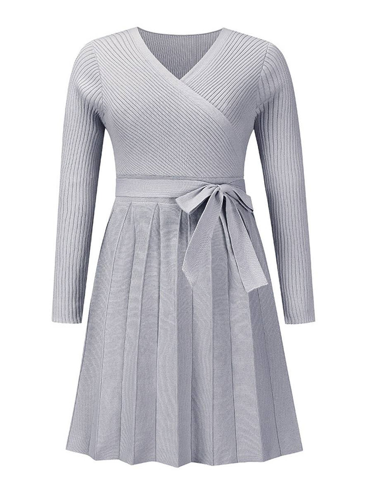 Levoire | Pull Dress Court Ajusté Trapèze Plissé Décolleté En V Ceinture Manches Longues Femmes Élégant Décontracté Cocktail