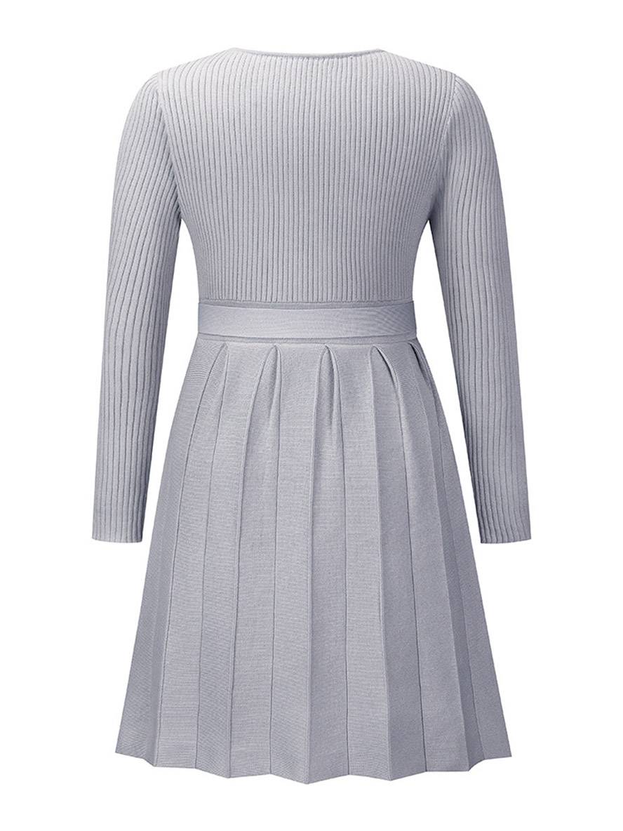 Levoire | Pull Dress Court Ajusté Trapèze Plissé Décolleté En V Ceinture Manches Longues Femmes Élégant Décontracté Cocktail