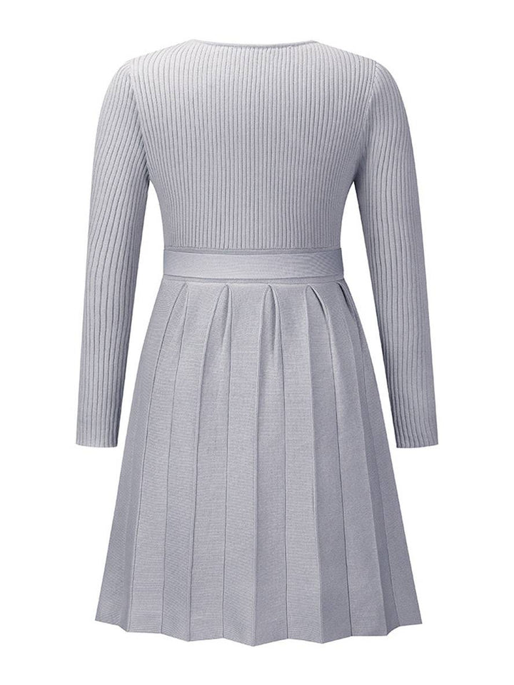 Levoire | Pull Dress Court Ajusté Trapèze Plissé Décolleté En V Ceinture Manches Longues Femmes Élégant Décontracté Cocktail
