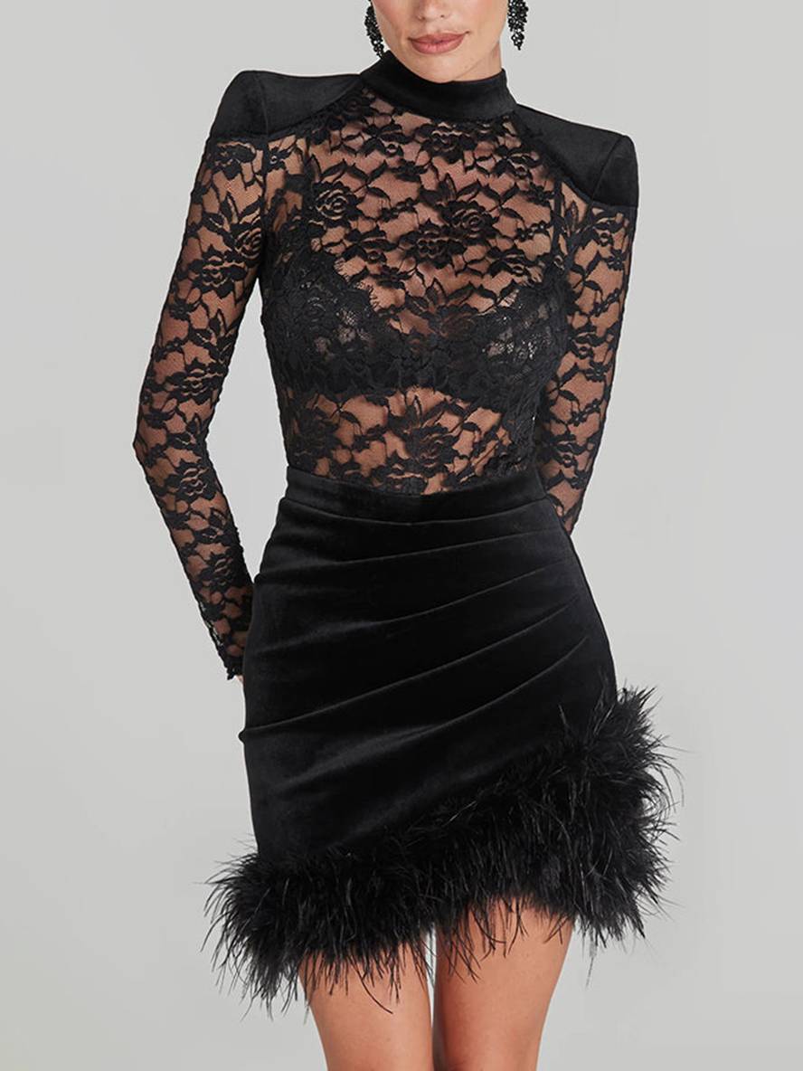 Levoire | Robe Courte À La Forme Cintrée En Dentelle Col Roulé Velours Plume Manches Longues Femmes Loisirs Élégant Décontracté Cocktail