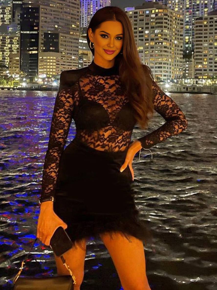Levoire | Robe Courte À La Forme Cintrée En Dentelle Col Roulé Velours Plume Manches Longues Femmes Loisirs Élégant Décontracté Cocktail