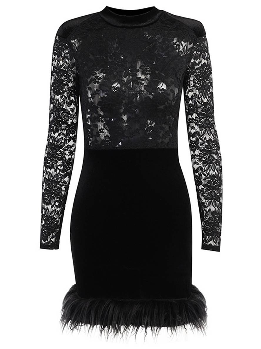 Levoire | Robe Courte À La Forme Cintrée En Dentelle Col Roulé Velours Plume Manches Longues Femmes Loisirs Élégant Décontracté Cocktail