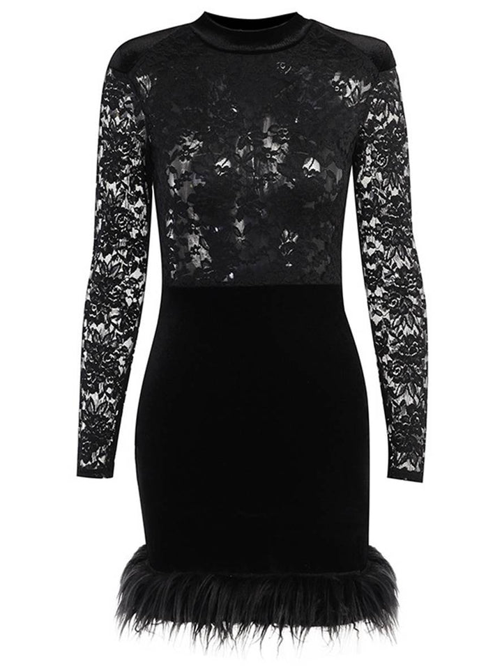 Levoire | Robe Courte À La Forme Cintrée En Dentelle Col Roulé Velours Plume Manches Longues Femmes Loisirs Élégant Décontracté Cocktail