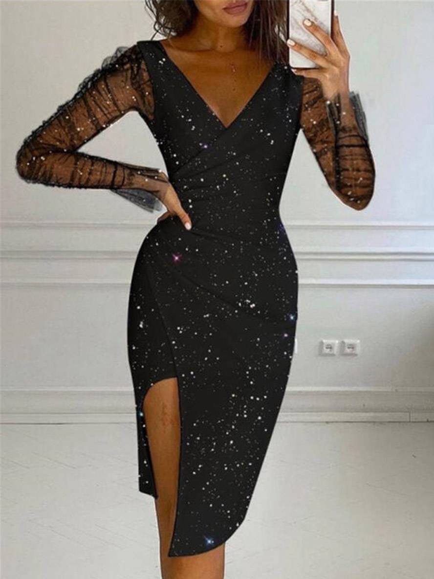 Levoire | Robe Courte Col En V Ajustée Irrégulière En Tulle À Manches Cloche À Manches Longues Pour Femmes Élégante Décontractée Cocktail Noir