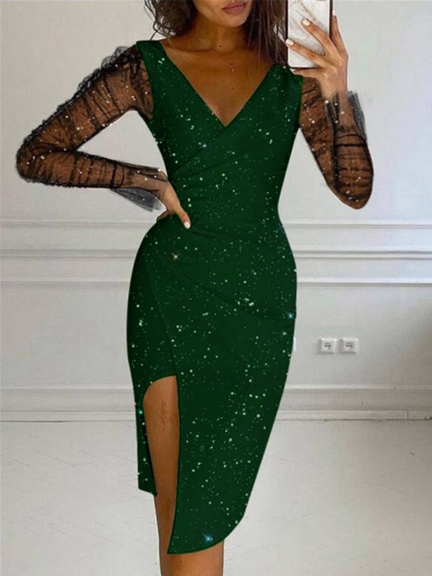 Levoire | Robe Courte Col En V Ajustée Irrégulière En Tulle À Manches Cloche À Manches Longues Pour Femmes Élégante Décontractée Cocktail Vert