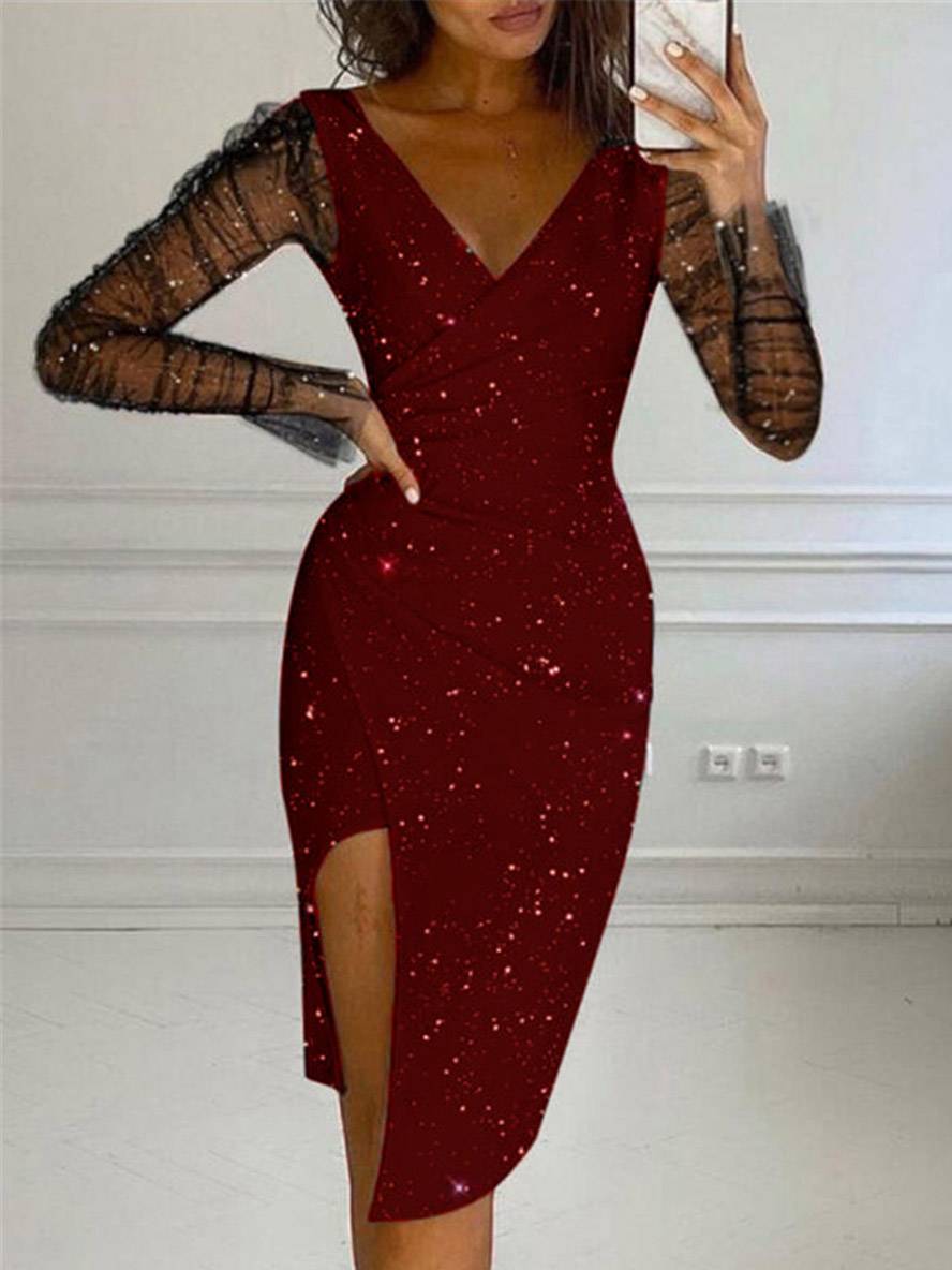 Levoire | Robe Courte Col En V Ajustée Irrégulière En Tulle À Manches Cloche À Manches Longues Pour Femmes Élégante Décontractée Cocktail Bordeaux