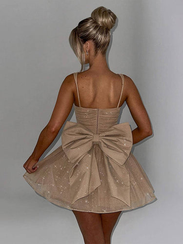 Levoire | Robe Trapèze Courte En Tulle Nœud Col Quart Sans Manches Femmes Élégante Bal De Fin D'Études Cocktail