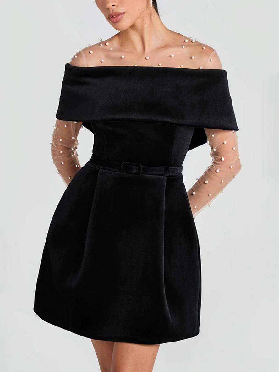 Levoire | Robe À Bretelles Courte En Velours Avec Décolleté Bateau, Poches, Ceinture, Élégante Robe De Soirée Pour Occasions, Cocktail Party