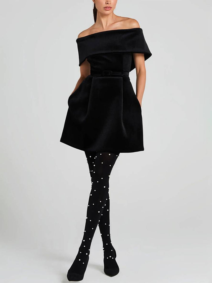 Levoire | Robe À Bretelles Courte En Velours Avec Décolleté Bateau, Poches, Ceinture, Élégante Robe De Soirée Pour Occasions, Cocktail Party