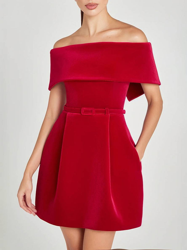 Levoire | Robe À Bretelles Courte En Velours Avec Décolleté Bateau, Poches, Ceinture, Élégante Robe De Soirée Pour Occasions, Cocktail Party Rot