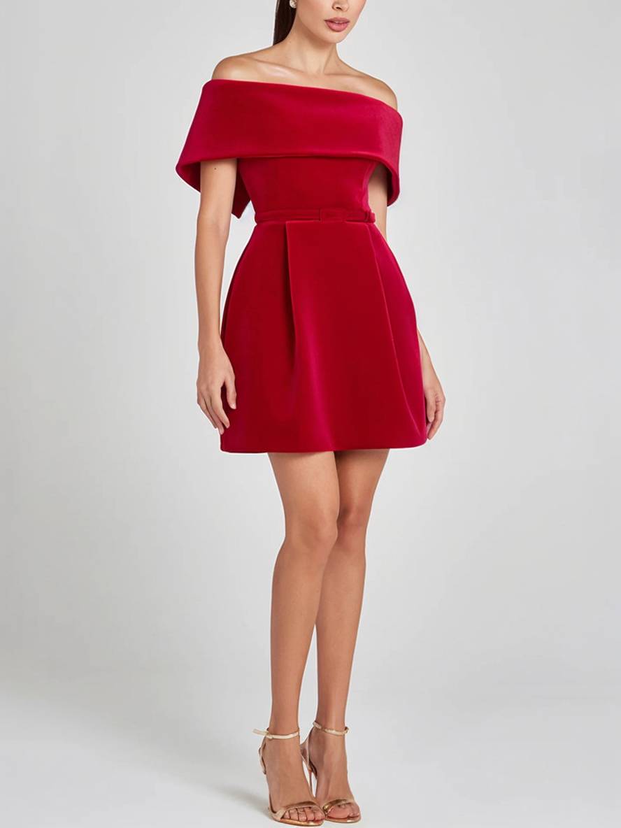Levoire | Robe À Bretelles Courte En Velours Avec Décolleté Bateau, Poches, Ceinture, Élégante Robe De Soirée Pour Occasions, Cocktail Party