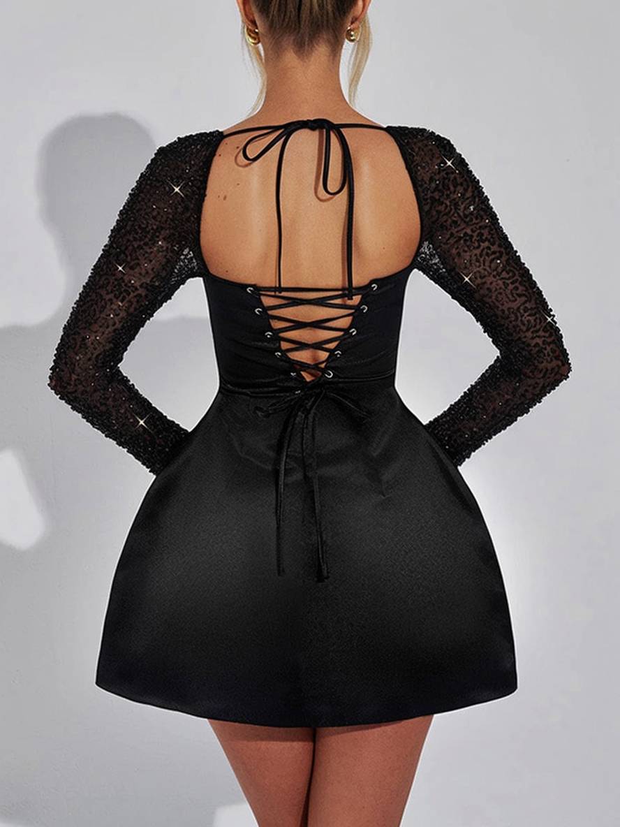 Levoire | Robe Patineuse Évasée Paillettes Brillantes Décolleté Carré Dos Nu Avec Lacets Manches Longues Élégante Robe De Soirée Cocktail Femme
