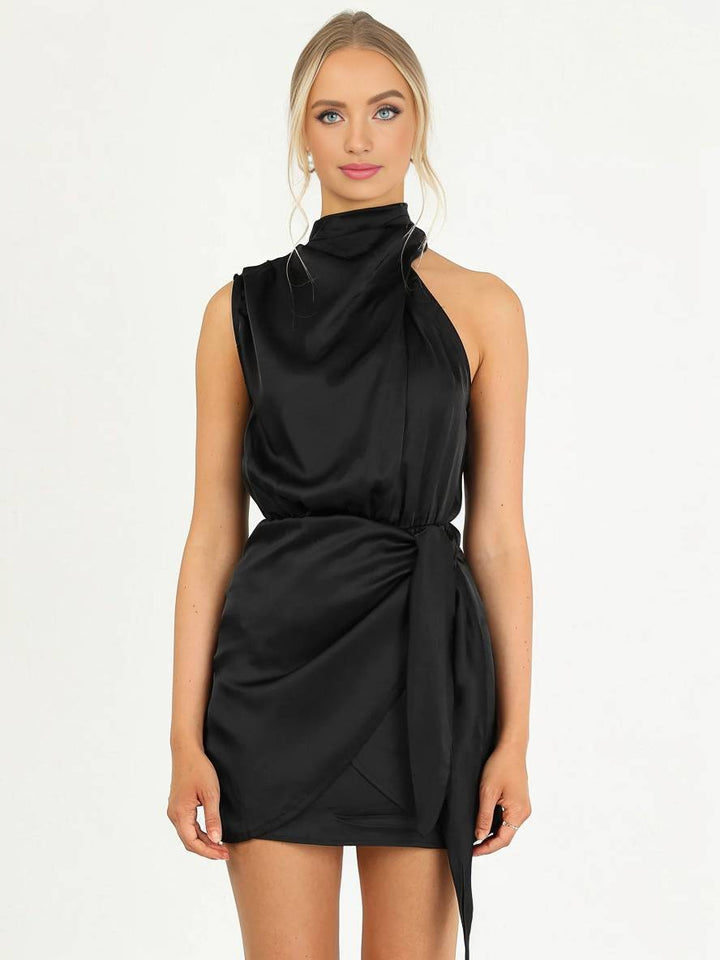 Levoire | Robe Courte Irrégulière Ceinture Col Roulé Dos Nu Sans Manches Dames Élégante Cérémonie Invitée De Mariage Cocktail