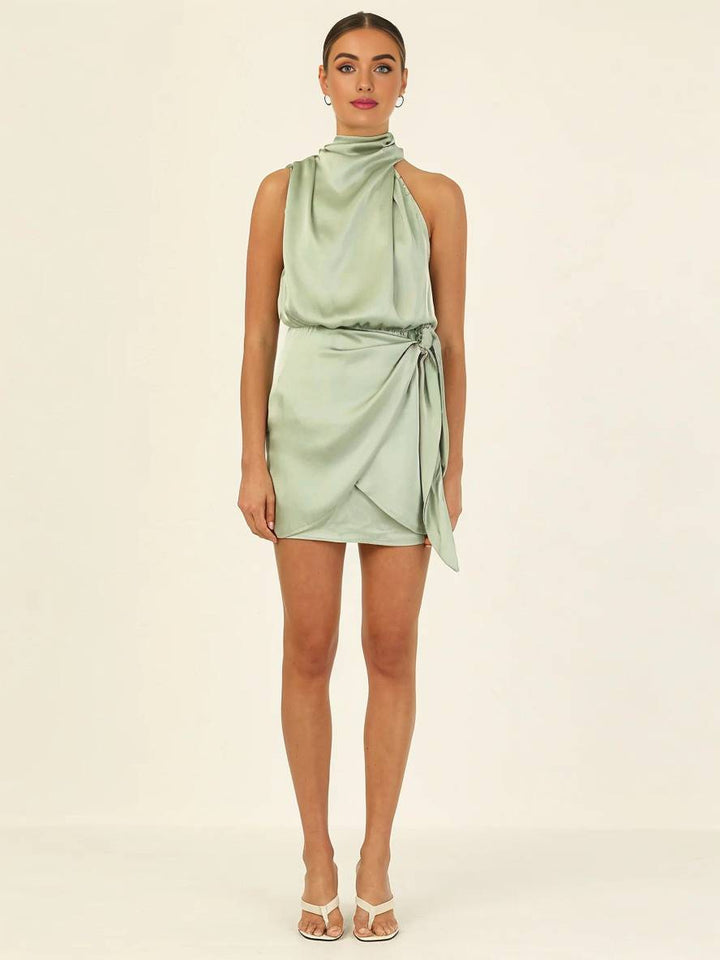Levoire | Robe Courte Irrégulière Ceinture Col Roulé Dos Nu Sans Manches Dames Élégante Cérémonie Invitée De Mariage Cocktail