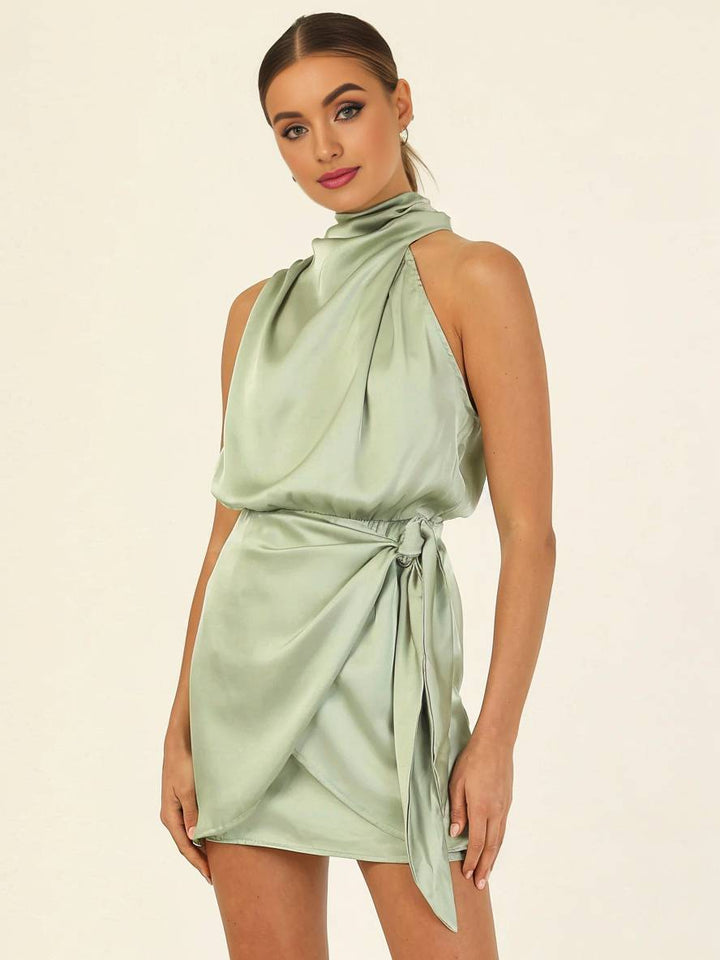 Levoire | Robe Courte Irrégulière Ceinture Col Roulé Dos Nu Sans Manches Dames Élégante Cérémonie Invitée De Mariage Cocktail