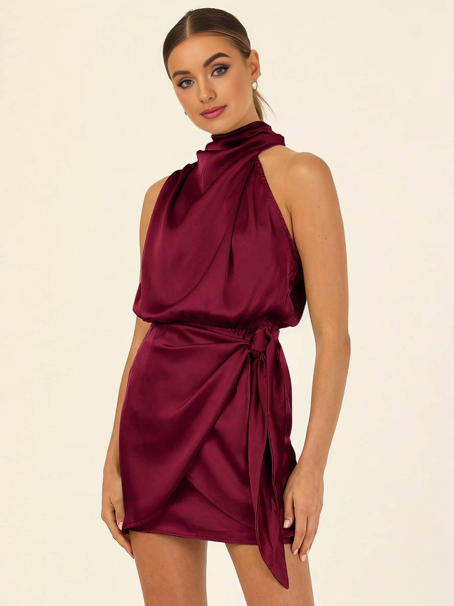 Levoire | Robe Courte Irrégulière Ceinture Col Roulé Dos Nu Sans Manches Dames Élégante Cérémonie Invitée De Mariage Cocktail Bordeaux
