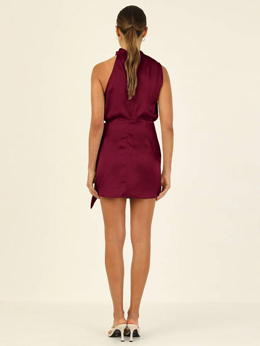 Levoire | Robe Courte Irrégulière Ceinture Col Roulé Dos Nu Sans Manches Dames Élégante Cérémonie Invitée De Mariage Cocktail