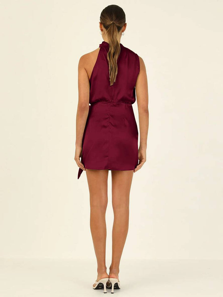 Levoire | Robe Courte Irrégulière Ceinture Col Roulé Dos Nu Sans Manches Dames Élégante Cérémonie Invitée De Mariage Cocktail
