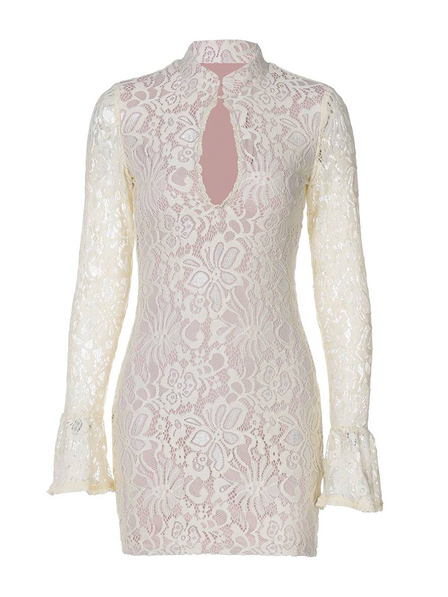 Levoire | Robe Courte À Dentelle Encolure Ajustée Col Mao Manches Larges Manches Longues Femme Robe De Cocktail Élégante