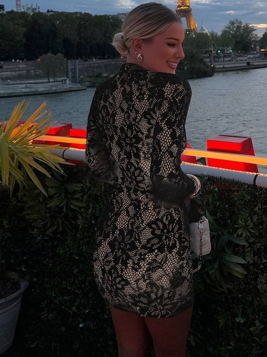 Levoire | Robe Courte À Dentelle Encolure Ajustée Col Mao Manches Larges Manches Longues Femme Robe De Cocktail Élégante