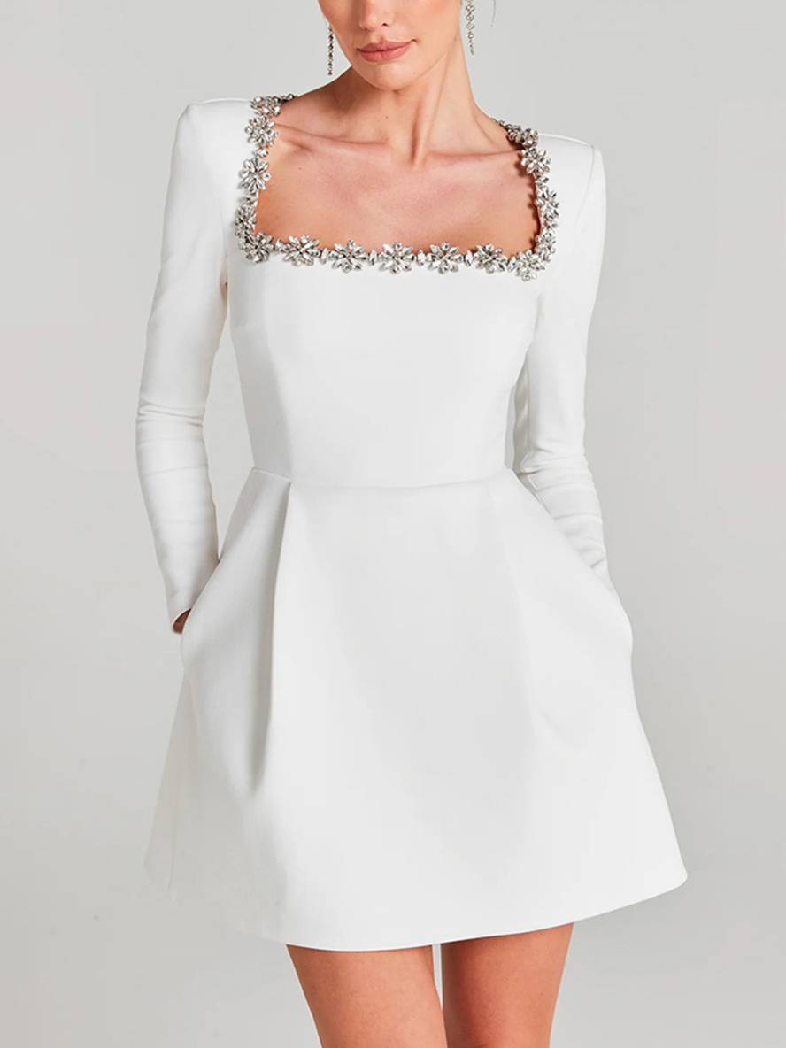 Levoire | Robe Trapèze Courte En Velours Avec Décolleté Carré, Manches Longues, Poches Pour Femmes, Douce, Élégante, Robe De Cocktail D'Anniversaire Blanc