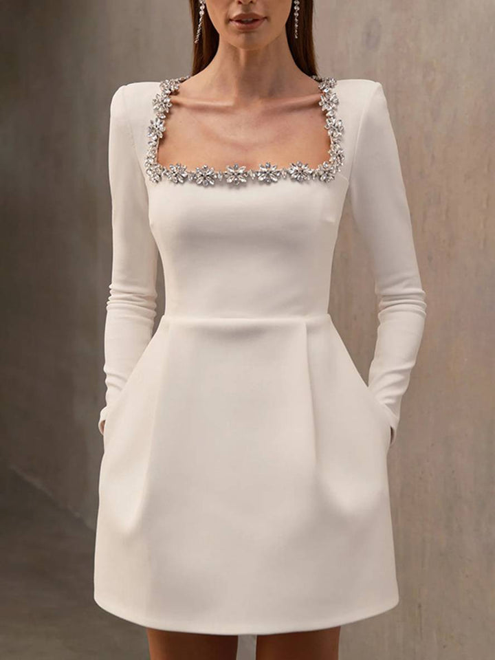 Levoire | Robe Trapèze Courte En Velours Avec Décolleté Carré, Manches Longues, Poches Pour Femmes, Douce, Élégante, Robe De Cocktail D'Anniversaire