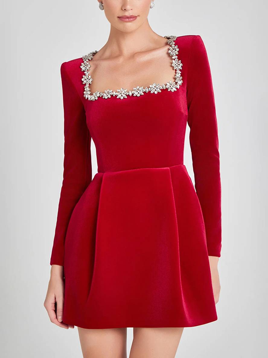 Levoire | Robe Trapèze Courte En Velours Avec Décolleté Carré, Manches Longues, Poches Pour Femmes, Douce, Élégante, Robe De Cocktail D'Anniversaire Rot