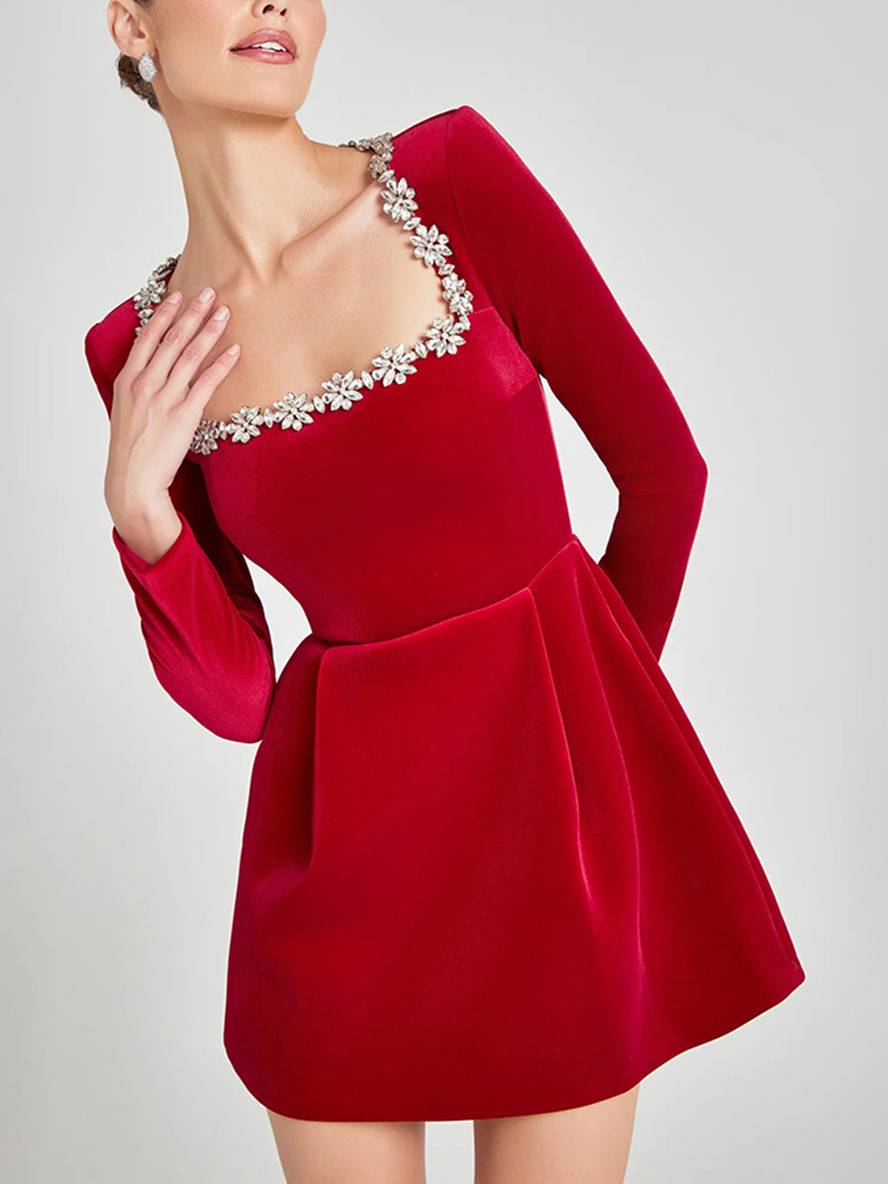 Levoire | Robe Trapèze Courte En Velours Avec Décolleté Carré, Manches Longues, Poches Pour Femmes, Douce, Élégante, Robe De Cocktail D'Anniversaire