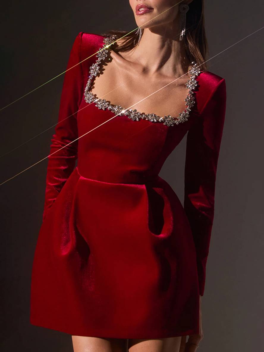 Levoire | Robe Trapèze Courte En Velours Avec Décolleté Carré, Manches Longues, Poches Pour Femmes, Douce, Élégante, Robe De Cocktail D'Anniversaire