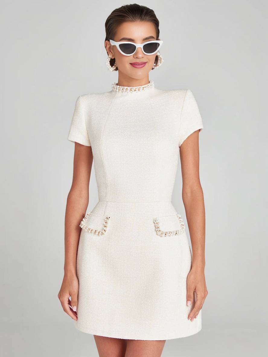 Levoire | Robe En Tweed Courte À Col Roulé À Manches Courtes Avec Poches Pour Dames, Élégant Costume De Soirée Pour Cocktail De Mariage