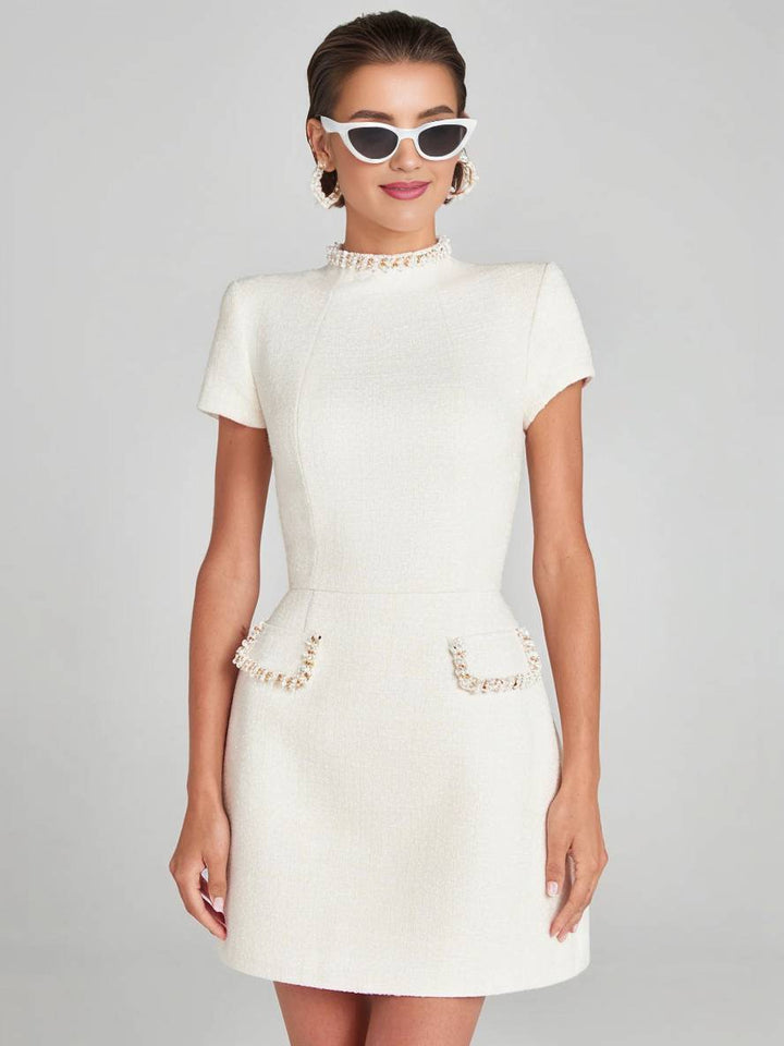 Levoire | Robe En Tweed Courte À Col Roulé À Manches Courtes Avec Poches Pour Dames, Élégant Costume De Soirée Pour Cocktail De Mariage