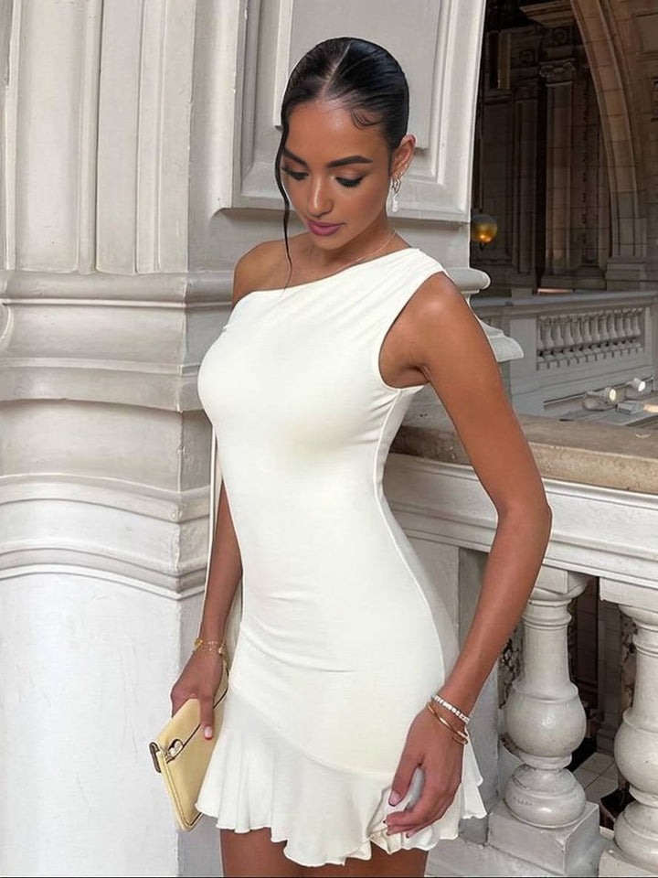 Levoire | Robe Courte Ajustée Avec Volants Une Épaule Sans Manches Élégante Décontractée Invité Mariage Anniversaire