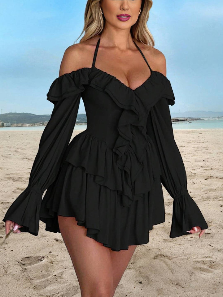 Levoire | Robe Courte À Encolure Bateau Avec Volants, Dos Nu, Manches Larges Et Évasées, Manches Longues, Femmes, Douceur, Vêtements De Loisirs