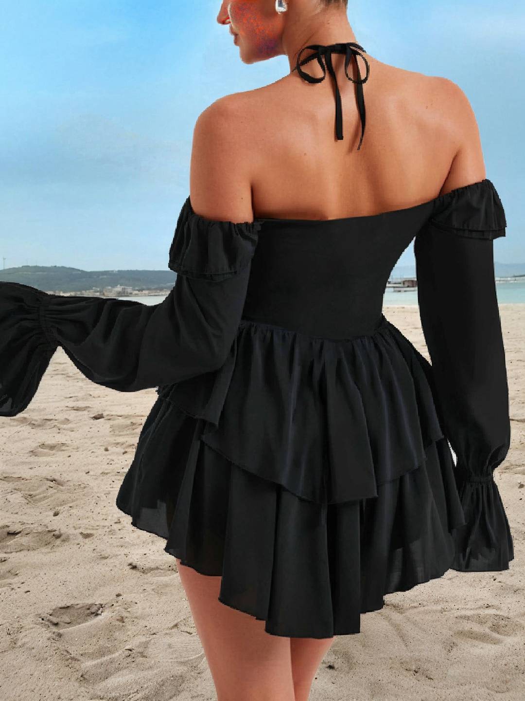 Levoire | Robe Courte À Encolure Bateau Avec Volants, Dos Nu, Manches Larges Et Évasées, Manches Longues, Femmes, Douceur, Vêtements De Loisirs