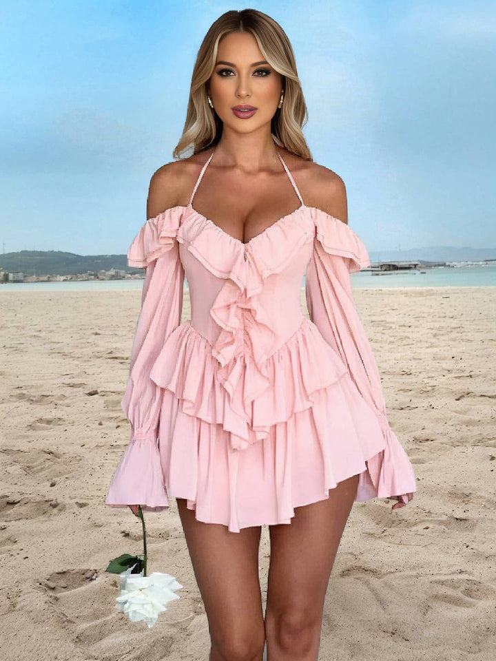 Levoire | Robe Courte À Encolure Bateau Avec Volants, Dos Nu, Manches Larges Et Évasées, Manches Longues, Femmes, Douceur, Vêtements De Loisirs Rosa