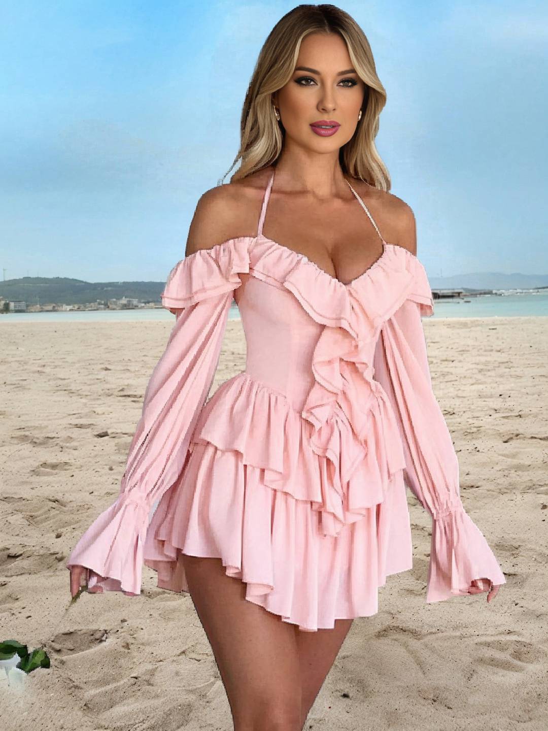 Levoire | Robe Courte À Encolure Bateau Avec Volants, Dos Nu, Manches Larges Et Évasées, Manches Longues, Femmes, Douceur, Vêtements De Loisirs